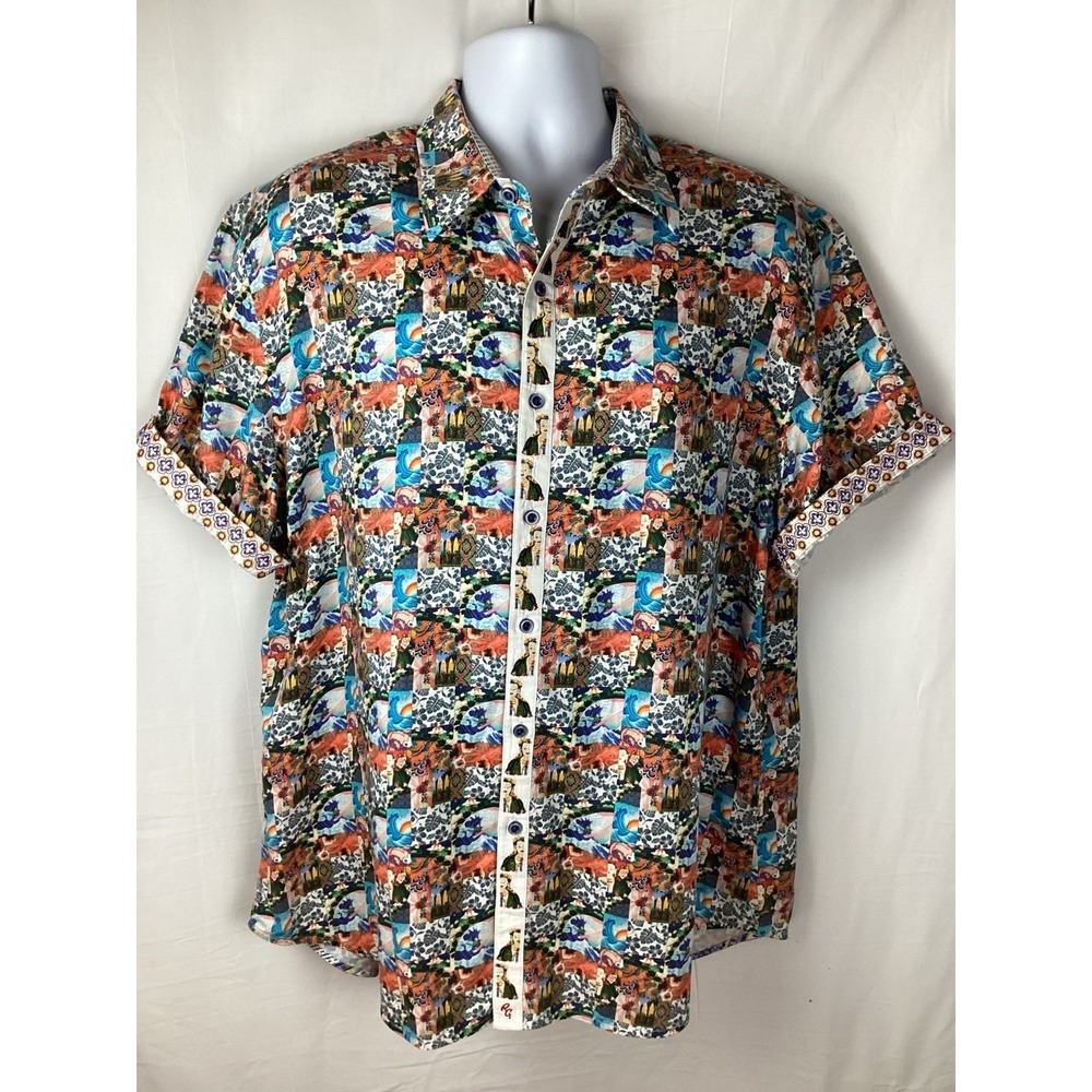 ROBERT GRAHAM Japanese Art Collage Button Up Short Sleeve Men's 2XL